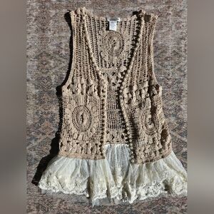 Paisley Vine Tan Crochet Vest W/ Lace & Pearl Details One Size